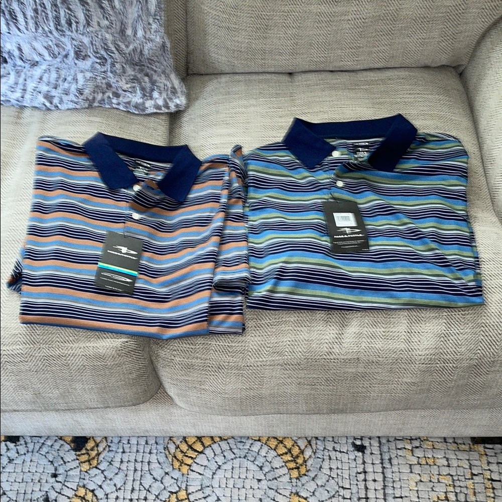 Two BNWT Page & Tuttle Striped Polo Shirts with Navy Collars